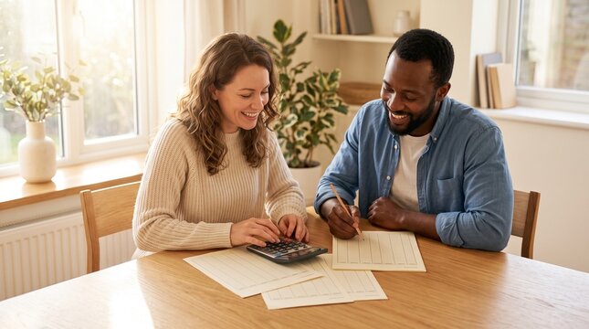 Diverse interracial couple calculating home expenses and writing family budget on paper at wooden table, symbolizing household financial planning, tax accounting, and relationship teamwork