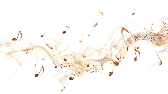Floating musical notes and sheet music in soft golden smoke background with within delicate golden float within smoke wisps illustration composition ornamental decorative