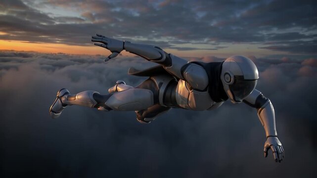 Superhero Flying Above Cloud Layer at Sunset Cinematic 3d Render