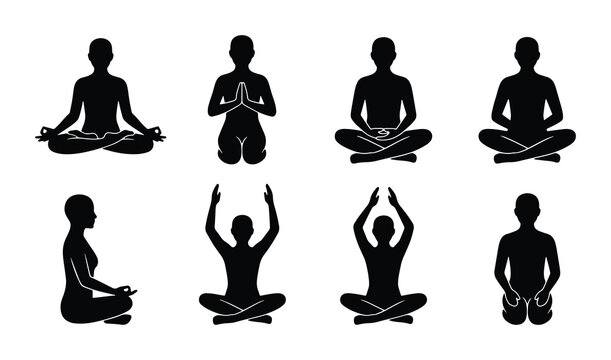 Yoga poses silhouettes set with meditation, lotus and prayer mudra for wellness and balance
