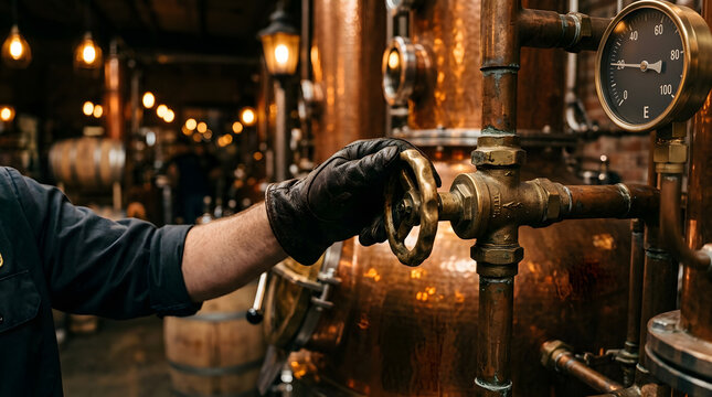 Master distiller hand in leather glove turning a brass valve on vintage copper still equipment inside a craft whiskey distillery with atmospheric warm lighting and barrels for commercial production