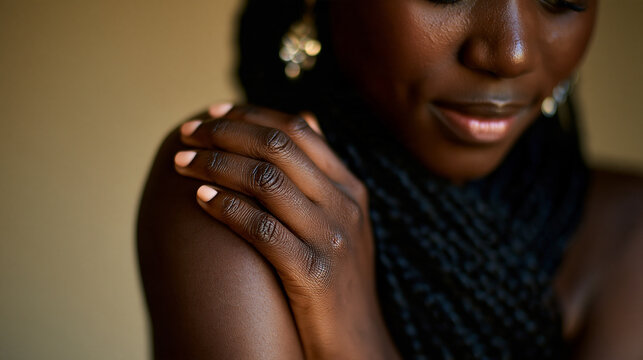 Woman touching her shoulder with a glowing face glowing skin self care skincare rou