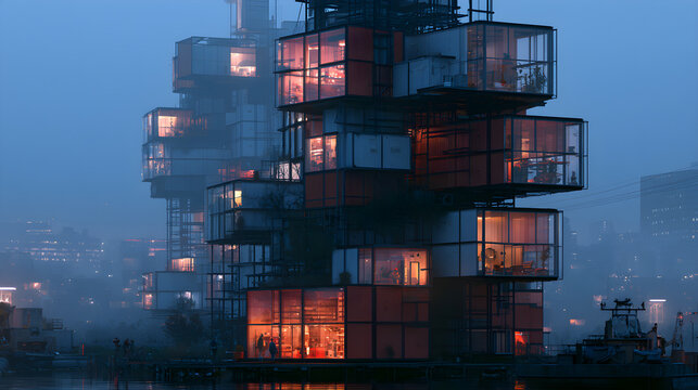 Prefab Modular Construction Site Glowing Softly With Stacked Components