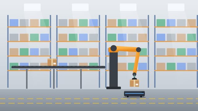 Robotic arm organizing packages on a conveyor belt in an automated smart warehouse. Modern logistics and industry 4.0 concept