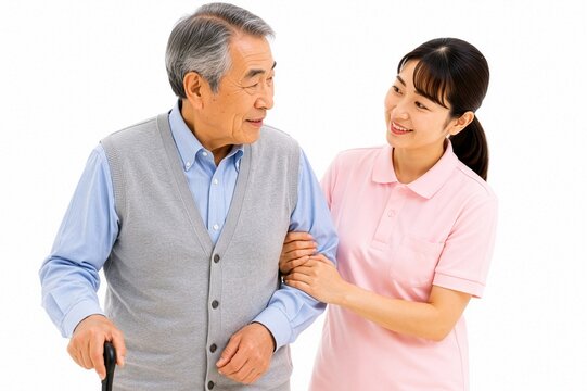 杖を使って歩く高齢男性の腕を優しく支える女性介護スタッフの人物素材、歩行介助や自立支援を行う高齢者介護のイメージ