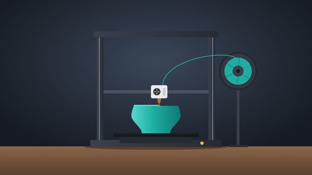 3D printer creating a turquoise vase layer by layer. Animation of additive manufacturing and modern fabrication technology
