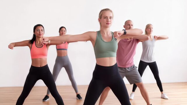 Athletic group practicing cardio dance in bright studio. Medium shot with camera tilting up.