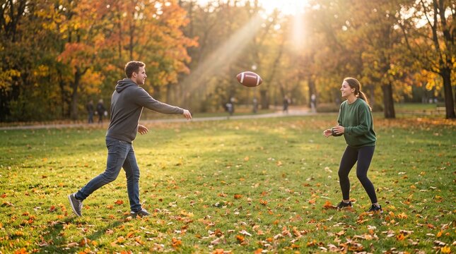 Young man and woman playing catch with football in sunny autumn park representing active outdoor lifestyle
