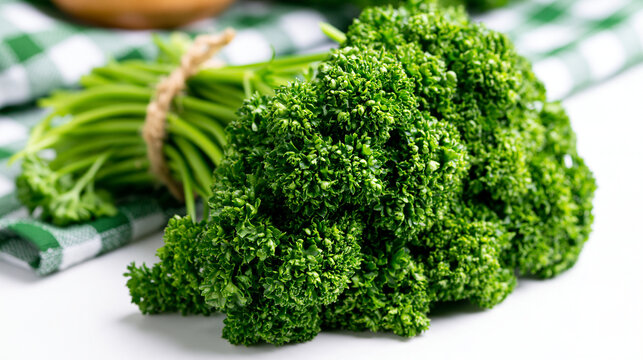 Fresh curly parsley bunch on white background with checkered kitchen towel