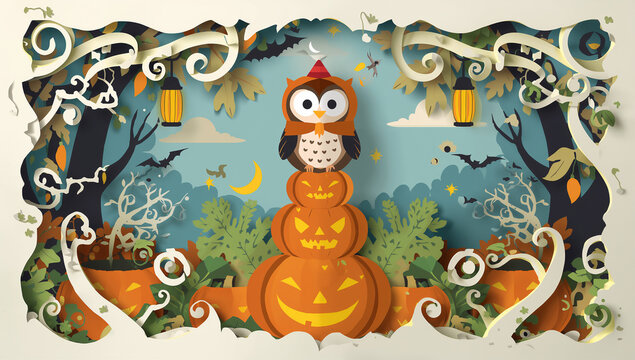 Creative 3D layered paper cutout craft of a cute owl perched on stacks of jack o lantern pumpkins with halloween papercraft decoration jackolantern seasonal creative illustration whimsical