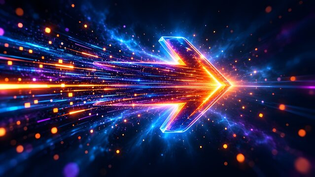 Futuristic glowing digital arrow moving at warp speed through space with abstract light trails