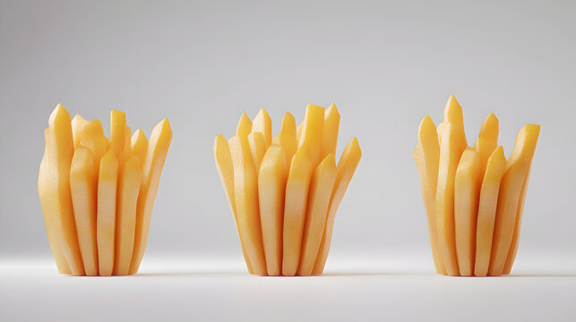Three groups of golden yellow fried sticks arranged neatly on a light background for presentation with three separate clusters clusters plain surface sticks grouped collection