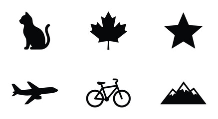 Fototapeta premium Set of silhouettes with cat, maple leaf, star, airplane, bicycle and mountains for logo or signage