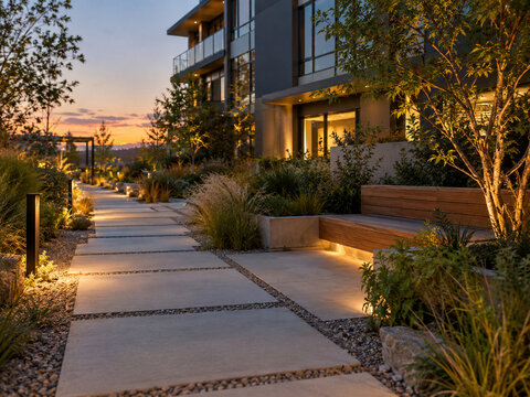 Contemporary pedestrian pathway with landscape lighting planting and timber seating