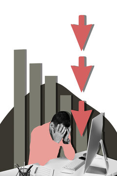 Vertical photo collage of upset businessman hold head work failure sit office workplace arrow chart down isolated on painted background