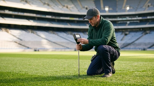Professional groundskeeper using soil testing device on stadium grass pitch representing precise sports turf maintenance