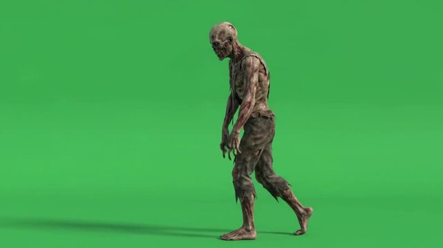 Realistic decaying zombie walk cycle 4k green screen for halloween.