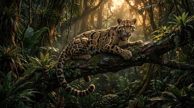 Clouded leopard resting on tree branch in dense jungle sunlight