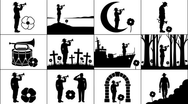 Remembrance Day bugler silhouette icon set featuring poppy flowers and military tribute scenes in black and white