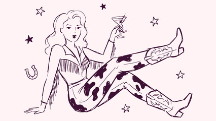 Fototapeta premium Retro seated cowgirl with cocktail and cow print pants, western fashion illustration