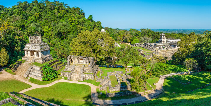 Palenque Maya city panorama at sunrise, Chiapas, Mexico.