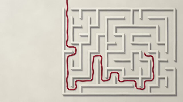 Red thread finds its way through a white layered cardboard maze, top view paper cut labyrinth solution with copy space, seamless loop animation