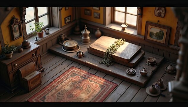 nostalgic vintage room interior with wooden floor and warm studio lighting in digital render style