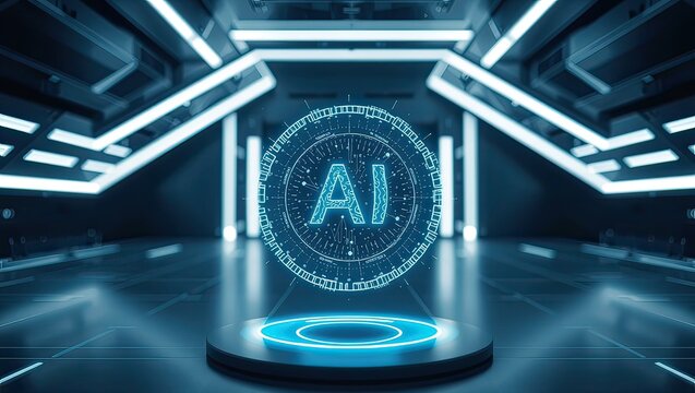 futuristic artificial intelligence hologram floating in a dark clean digital lab background with neon lighting
