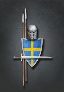 sword helmet shield and two lances on dark background