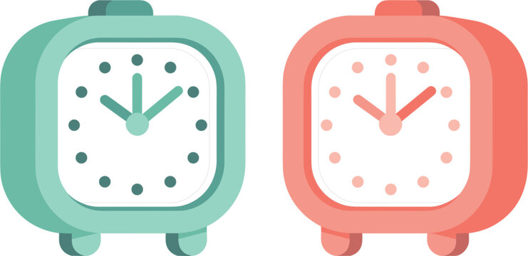 Vintage retro square alarm clocks collection, morning wake up routine and time management flat vector illustration set