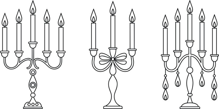 Ornate vintage candelabras and antique multi-candle holders collection, classical interior baroque lighting line art vector illustration set