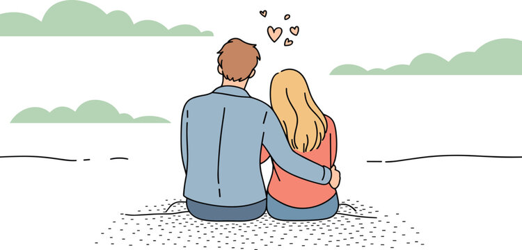 Couple sitting together from behind with arms around each other, looking at clouds in the sky, romantic with hearts, soft colors, flat style