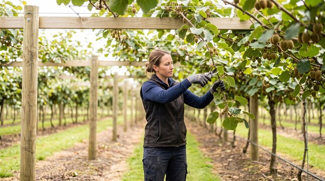 Female horticulturist using secateurs to prune kiwi vines in orchard trellis depicting professional fruit farming