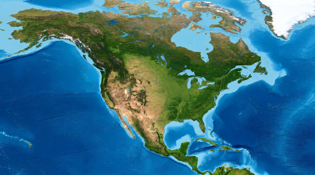 Detailed physical satellite view map of the North American continent