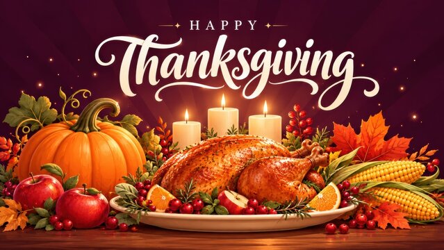Happy Thanksgiving Feast with Roasted Turkey, Pumpkin, and Autumn Decorations.