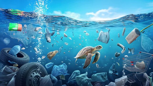 Sea turtle swimming through plastic waste and garbage. Environmental pollution concept with underwater debris and marine life. Static wide shot.