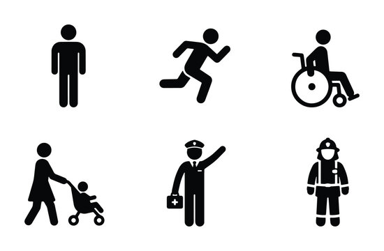 People silhouettes set with man, running person, wheelchair user, mother with stroller, medic and firefighter for safety and services
