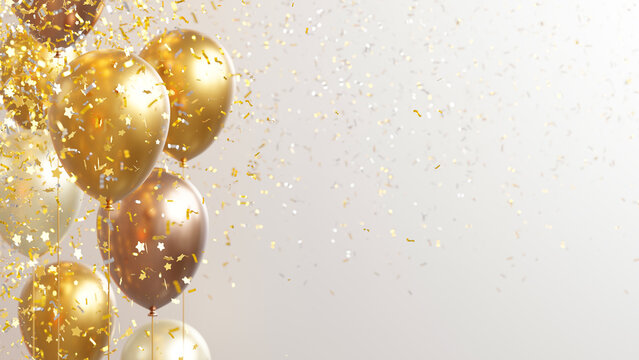Gold copper and pearl balloons with foil confetti falling on gray background with copy space design for Merry christmas and Happy new year banner 3d render