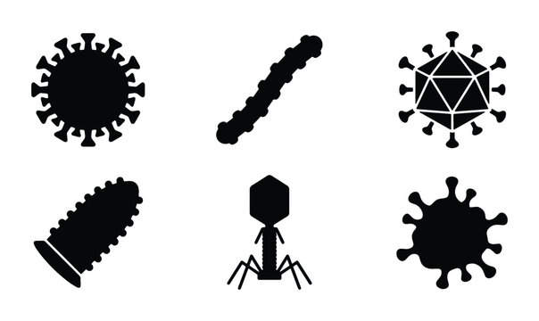 Virus and bacteria silhouettes set with coronavirus, bacteriophage and other microbes for science and medical icons