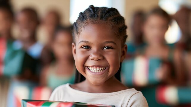 Happy little african american girl holding a wrapped present and smiling