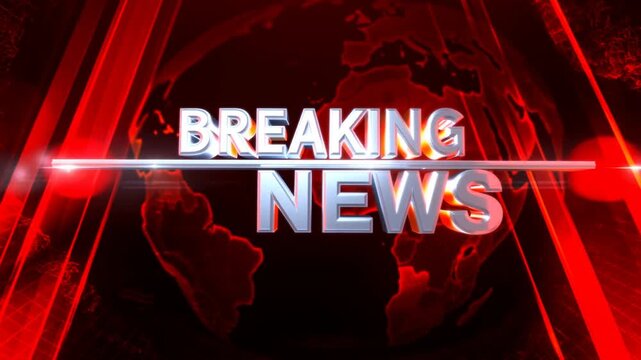 Tracking shot sweeping metallic breaking news logo across red globe backdrop in studio newsroom with zooming rotate reveal of chrome headline