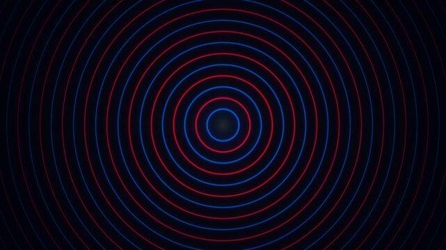 Abstract concentric circle background loop, glowing red and blue radar wave rings, hypnotic graphic motion design video asset