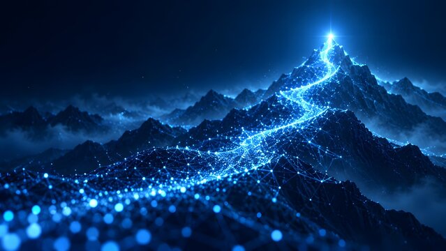 Glowing blue digital path leading up a dark mountain peak symbolizing strategic business goals