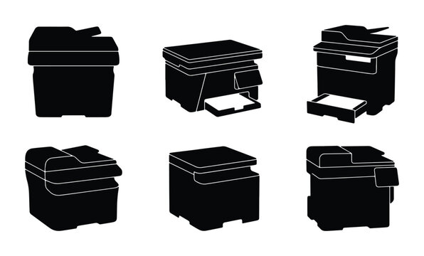Office printer and copier silhouettes set with various models for business use
