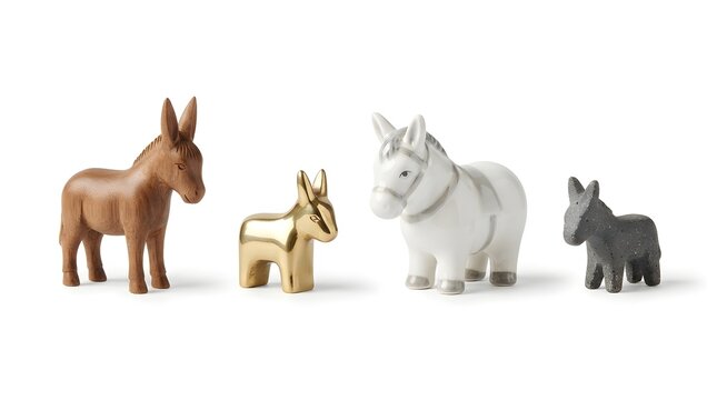 Small donkey figurines crafted from wood gold ceramic and stone for shelf decoration and collectible art