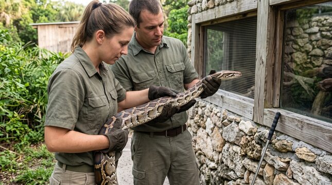 Two zookeepers examining large python snake outdoors at sanctuary symbolizing professional reptile health inspection