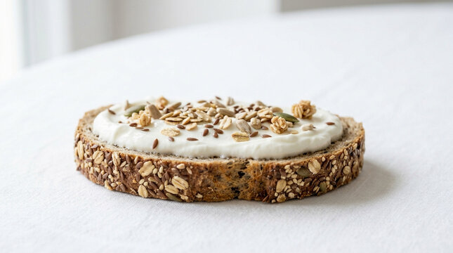 Breakfast gut health seed bread cream cheese whole grain slice Open sandwich white linen with seed bread and cream cheese topping for breakfast