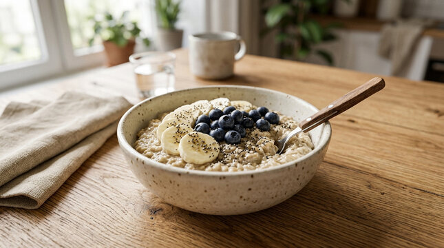 Oatmeal banana blueberry chia bowl spoon gut health breakfast cozy kitchen light with warm coffee and rustic wooden table for nourishing morning