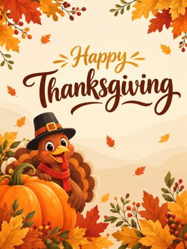 Happy Thanksgiving Greeting Card with Cartoon Turkey and Autumn Leaves.