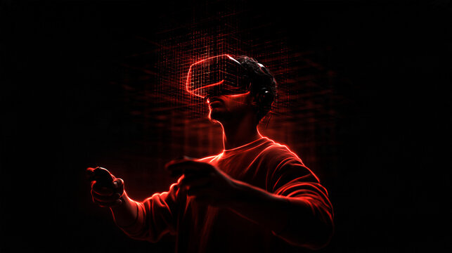 Man Immersed in Virtual Reality Wearing VR Headset